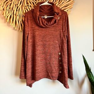 Cozy Button-Detail Cowl Neck Sweater - Rust